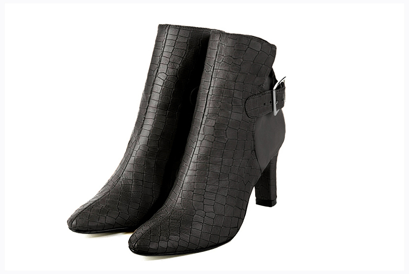 Dark grey women's ankle boots with buckles at the back. Round toe. High kitten heels. Front view - Florence KOOIJMAN